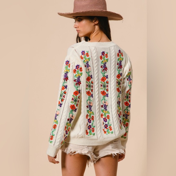 Ivory embroidered stitched floral flower long sleeve boho bohemian chic sweater - Picture 11 of 11